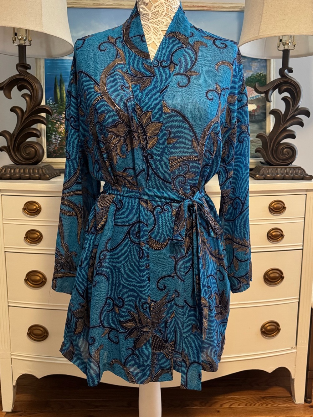 Victorias Secret Robe Womens One Size Blue Floral Kimono Belted Pockets